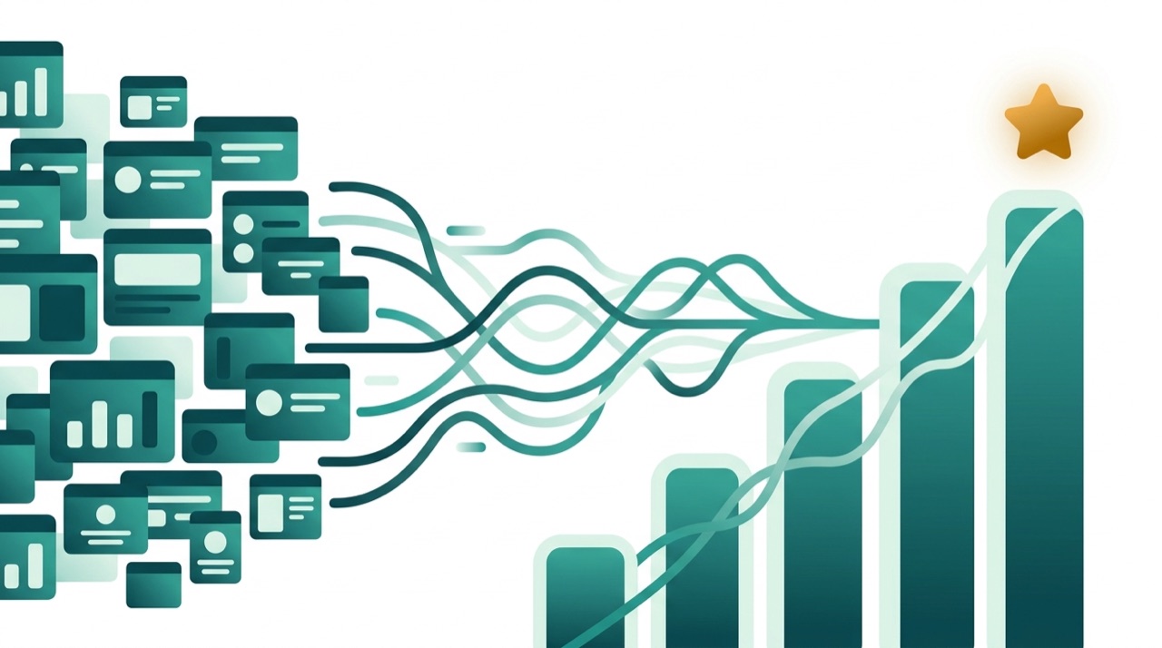 Illustration of many app windows converging into one rising chart