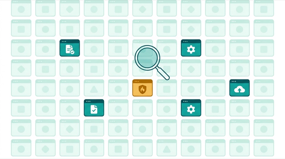 Illustration of a large grid of app tiles under a magnifying glass